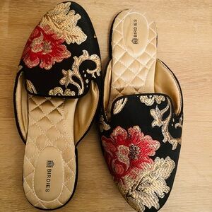 Birdies Women's Black and Gold Embroidered Flats. Worn one time indoors.